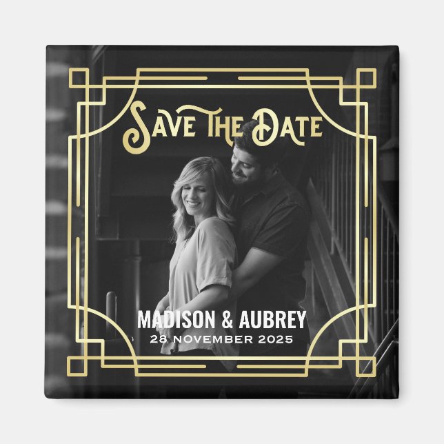 Art Deco Lägg till din fotoElegant Guld Spara datu Magnet (Framsidan)
