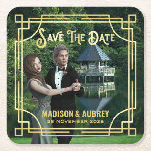 Art Deco Lägg till din fotoElegant Guld Spara datu Underlägg Papper Kvadrat