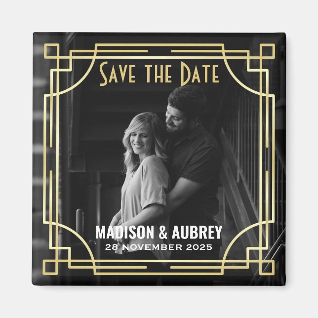 Art Deco Lägg till fotot Spara datum Guld Gatsby Magnet (Framsidan)