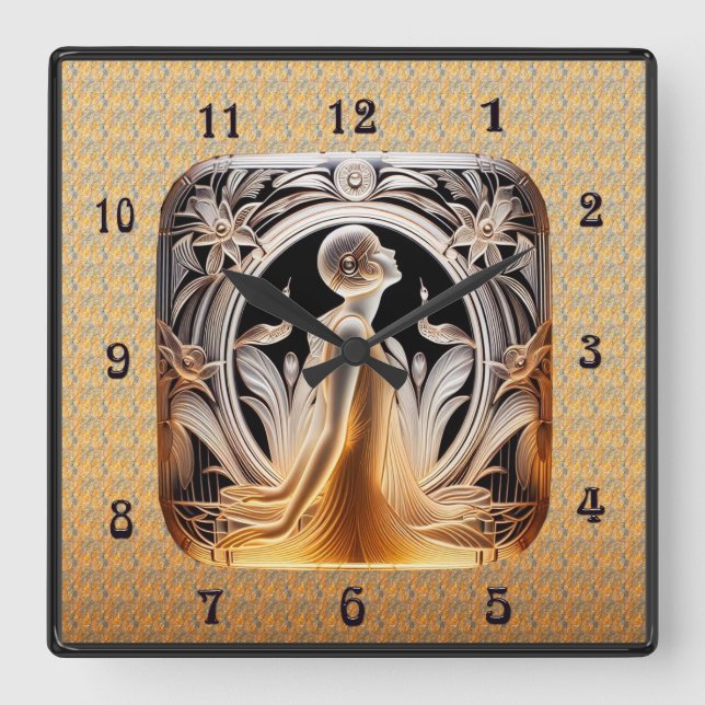 Art Deco Lalique Stil Clock. Fyrkantig Klocka (Framsida)