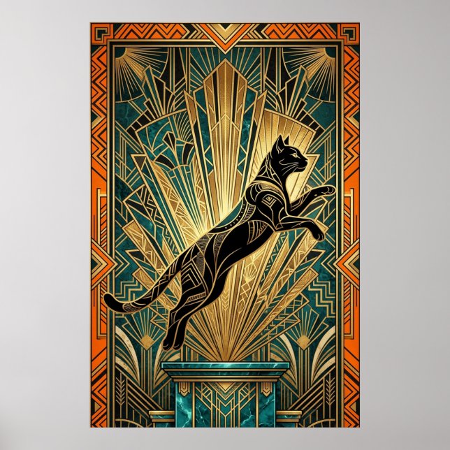 Art Deco Leaping Black Cat Wall Art Poster (Framsidan)