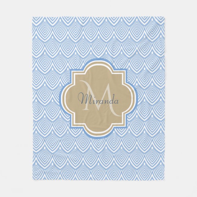 Art Deco Light Blue Fish Scale Tan Monogram Namn Fleecefilt (Framsidan)