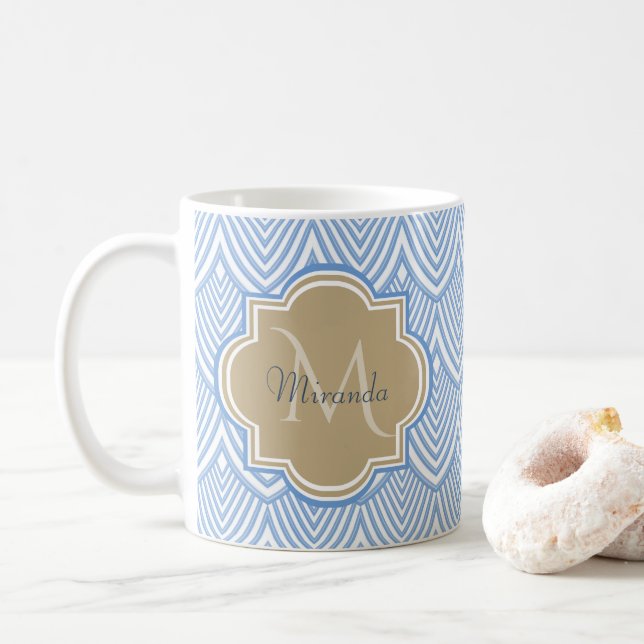 Art Deco Light Blue Fish Scales Tan Monogram Namn Kaffemugg (Med munk)
