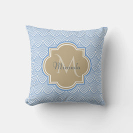 Art Deco Light Blue Fish Scales Tan Monogram Namn Kudde