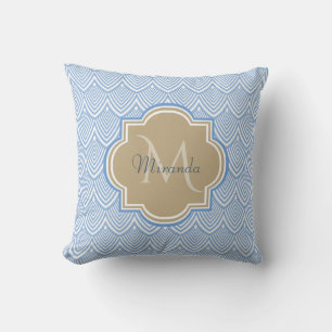 Art Deco Light Blue Fish Scales Tan Monogram Namn Kudde