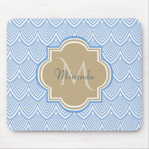 Art Deco Light Blue Fish Scales Tan Monogram Namn Musmatta