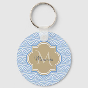 Art Deco Light Blue Fish Scales Tan Monogram Namn Nyckelring