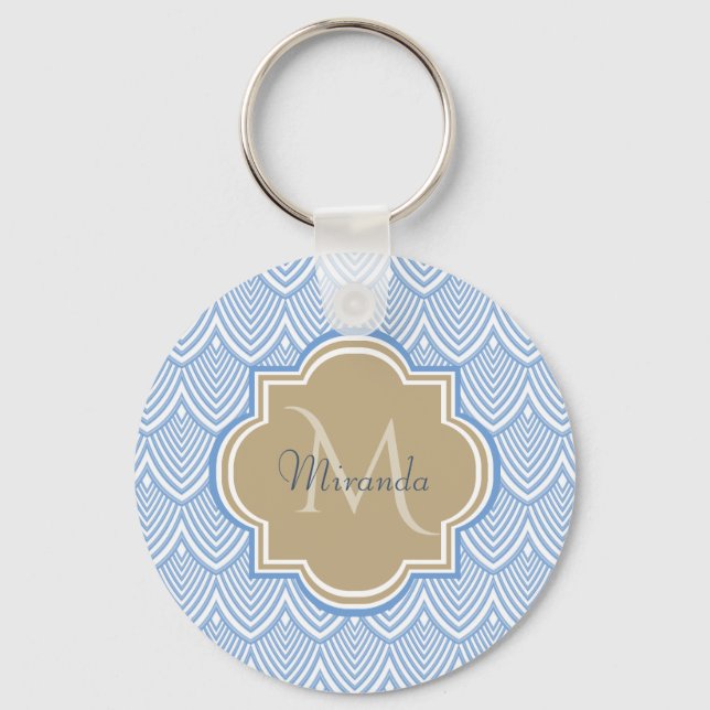 Art Deco Light Blue Fish Scales Tan Monogram Namn Nyckelring (Framsida)