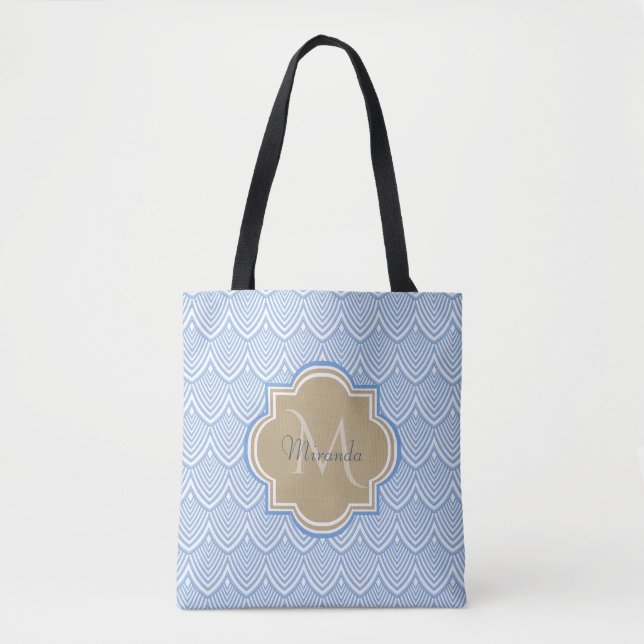 Art Deco Light Blue Fish Scales Tan Monogram Namn Tygkasse (Framsida)