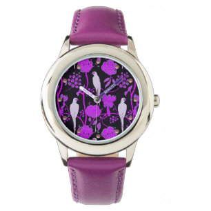 ART DECO LILA BLOMMOR,VITDELAR PÅ SVART ARMBANDSUR