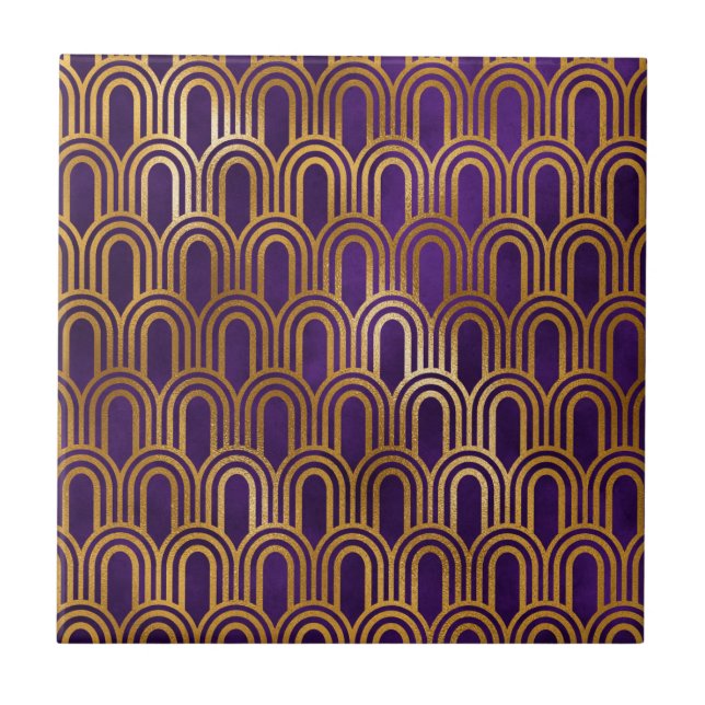 Art Deco lila guld glitter båg mönster Kakelplatta (Framsidan)