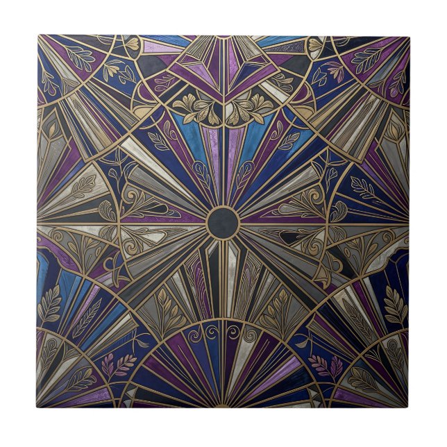 Art Deco Lila Guld Solstrålning Kakelplatta (Framsidan)