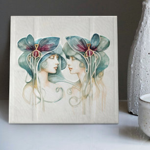 Art Deco Lila Lilies Wall Decor Art nouveau Kakelplatta