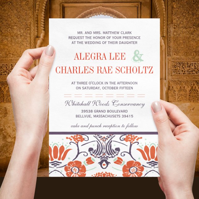 Art Deco Lila och Orange Blommigt Bröllop Inbjudningar (Skapare uppladdad)