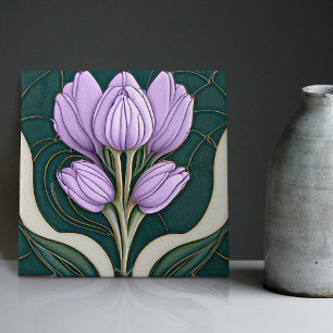 Art Deco Lila Tulips Wall Decor Art nouveau Kakelplatta