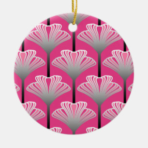 Art Deco Lily, Fuchsia Rosa och Silver Grått Julgransprydnad Keramik