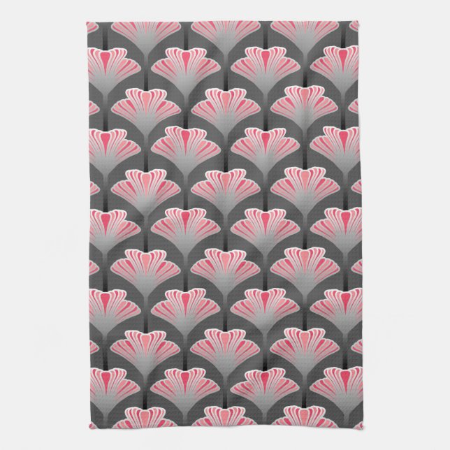 Art Deco Lily, Grått/Grått och korall Rosa Kökshandduk (Vertikal)