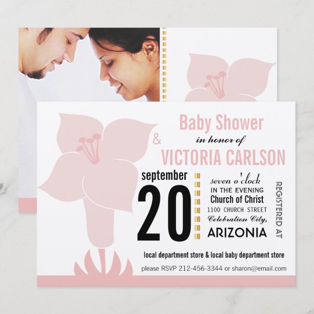 Art Deco Lily Modern Typography Baby Shower Inbjudningar (Fram/baksida)