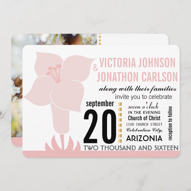 Art Deco Lily Modern Typography bröllopsinbjudan Inbjudningar (Fram/baksida)