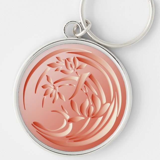 Art Deco Lily mönster - orange för korall Rund Silverfärgad Nyckelring (Framsidan)