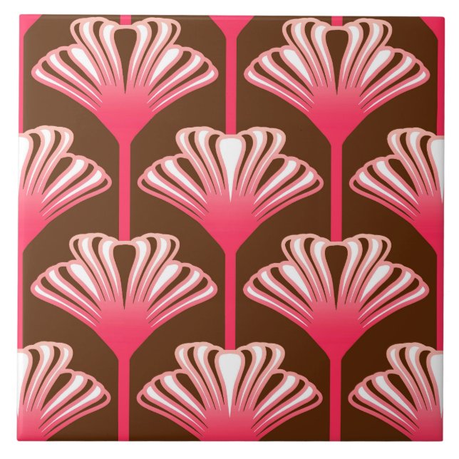 Art Deco Lily, Mörk Brown och Coral Rosa Kakelplatta (Framsidan)