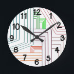 Art Deco Linjer Round Clock Rund Klocka<br><div class="desc">Den här väggklockan har en konsthändelse av linjer i lila,  rosa,  orange och blått.</div>