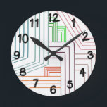Art Deco Linjer Round Clock Rund Klocka<br><div class="desc">Den här väggklockan har en konsthändelse av linjer i lila,  rosa,  orange och blått.</div>