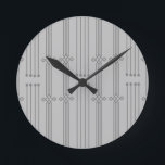 Art Deco Linjer Rund Klocka<br><div class="desc">Den här klockan har en konsthandledning av lodrät linjer med diamanter och cirklar i silver på fält i grått.</div>