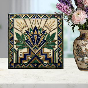 Art Deco Lotus Blommig Marinblå Guld Grön Mönster Kakelplatta