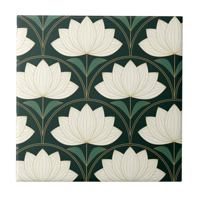 Art Deco Lotus Flowers på Golden Fläkt Kakelplatta (Framsidan)
