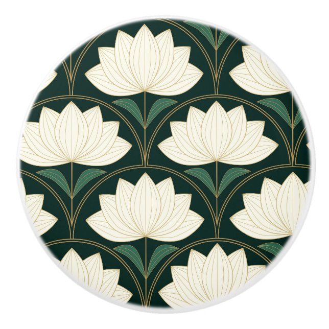 Art Deco Lotus Flowers på Golden Fläkt Mönster Knopp (Framsidan)