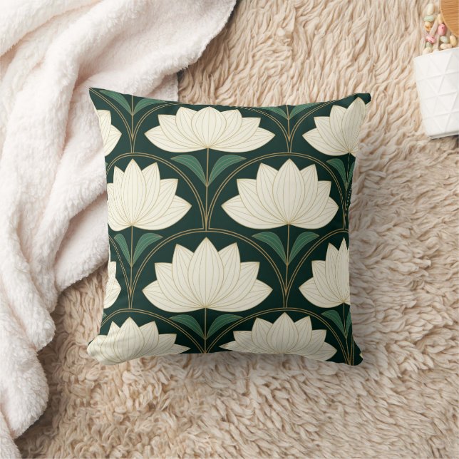 Art Deco Lotus Flowers på Golden Fläkt Mönster Kudde (Filt)