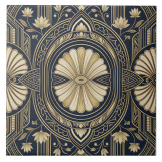 Art Deco Lotus Mandala Marin & Guld Geometriskt Mö Kakelplatta