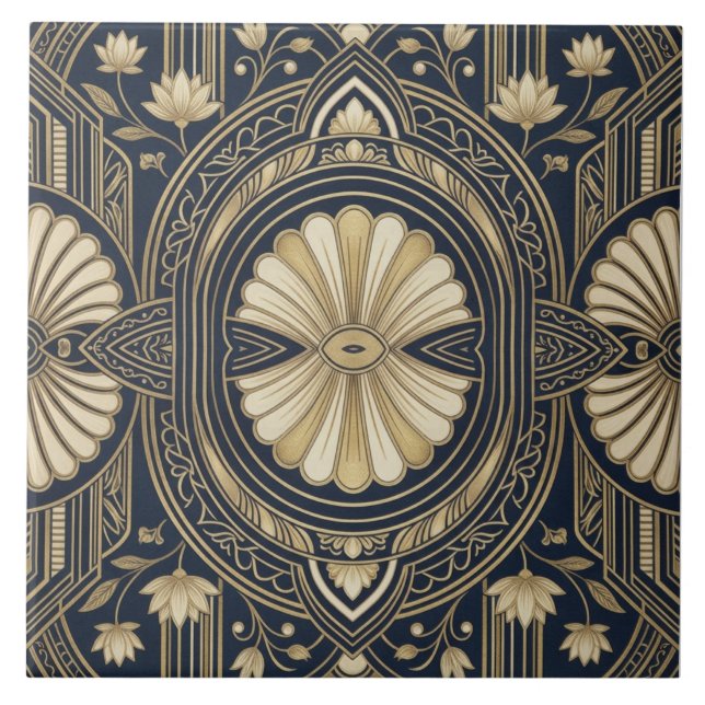 Art Deco Lotus Mandala Marin & Guld Geometriskt Mö Kakelplatta (Framsidan)