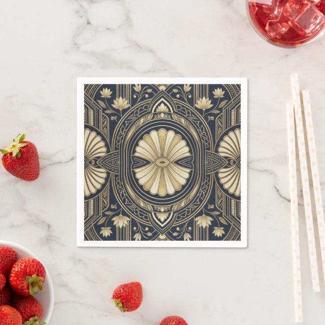 Art Deco Lotus Mandala Marinblå & Guld Geometrisk  Pappersservett (Insitu)