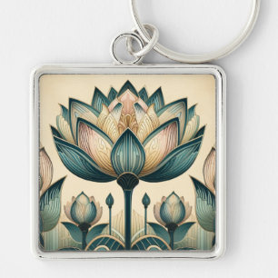 Art Deco Lotus-nyckelkedja Fyrkantig Silverfärgad Nyckelring