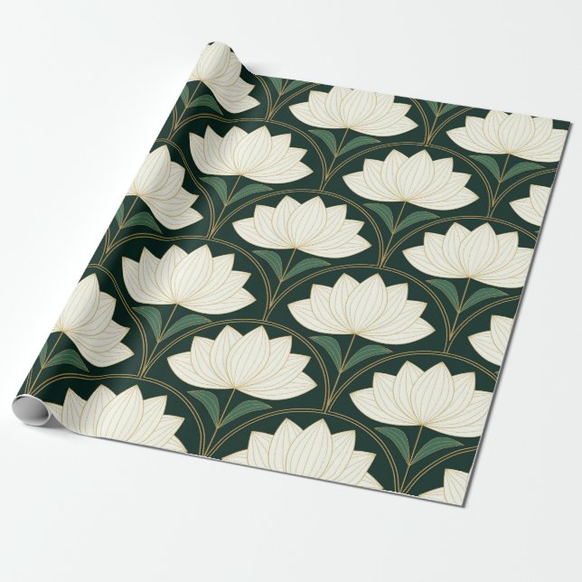 Art Deco Lotusblommor på gyllene fläktskick  Presentpapper (Utrullad)