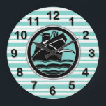 Art Deco Lt Blue Wht Stripe Blk Frakt DIY-markörer Stor Klocka<br><div class="desc">Art-deco Light Blue and White Rand,  Black Frakt,  med DIY-markörer. En konsthugg svartvit frakt med ljusblå och vit strimlad bakgrund. Du kan välja mellan fyra olika färger. Markera det nummer färg som du vill behålla och ta bort alla andra innan du gör köpet.</div>