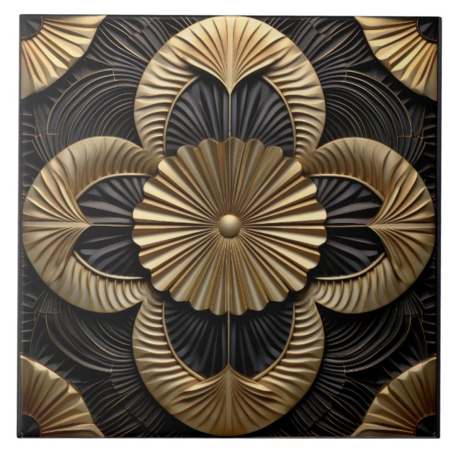 Art Deco Luxury Black och Guld Kakelplatta (Framsidan)