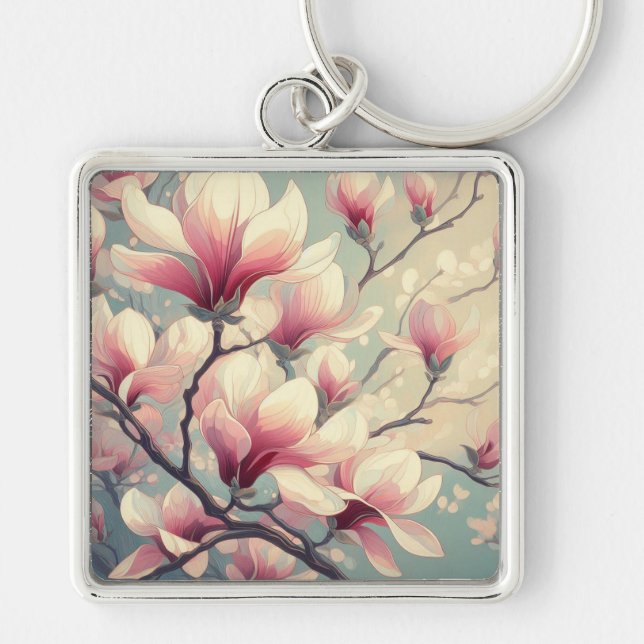 Art Deco Magnoliablommor Nyckelring (Framsidan)