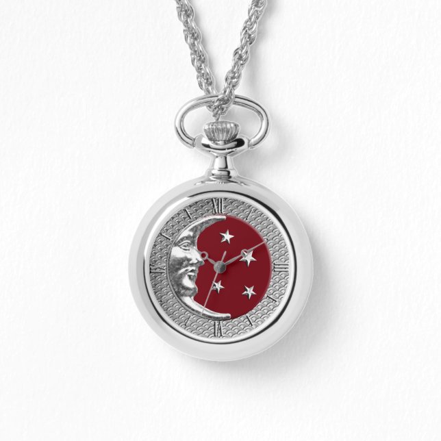 Art Deco Måne Måne och Stars, Mörk Red och Silver Armbandsur (Framsida)
