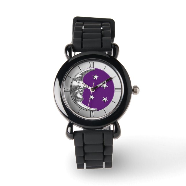 Art Deco Måne och Stars - Ametyst Lila & Silver Armbandsur (Framsida)