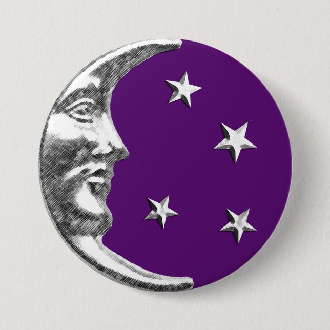 Art Deco Måne och Stars - Ametyst Lila & Silver Knapp (Framsida)