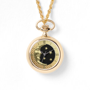 Art Deco Måne och Stars, Black and Guld Watch Armbandsur