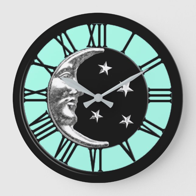 Art Deco Måne och Stars - Black, Aqua och Silver Stor Klocka (Framsida)