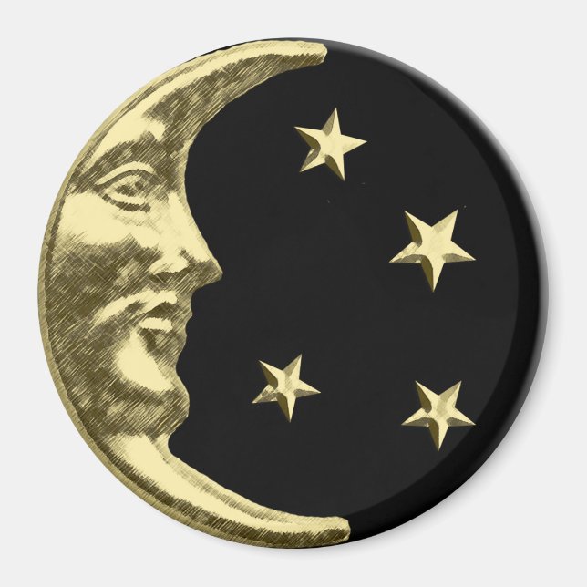 Art Deco Måne och Stars - Black och Guld Magnet (Framsidan)
