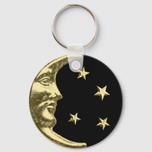 Art Deco Måne och Stars - Black och Guld Nyckelring (Framsida)