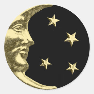 Art Deco Måne och Stars - Black och Guld Runt Klistermärke