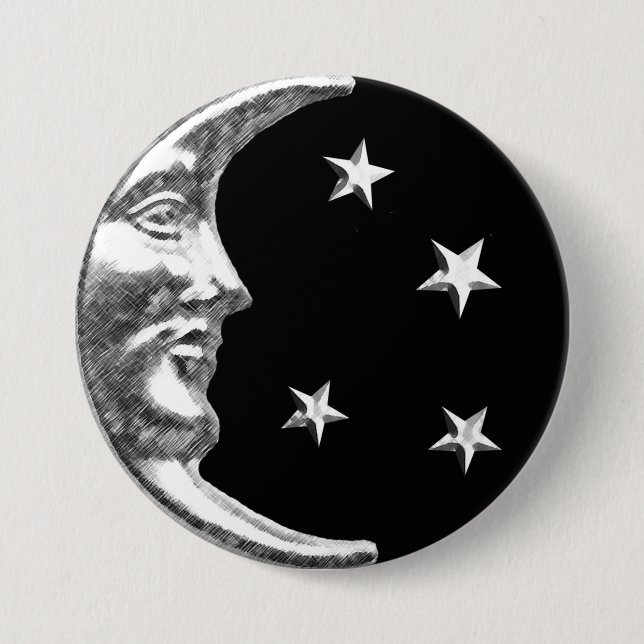 Art Deco Måne och Stars - Black och Silver Knapp (Framsida)