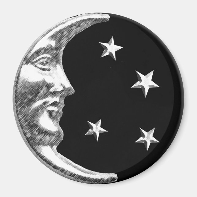 Art Deco Måne och Stars - Black och Silver Magnet (Framsidan)